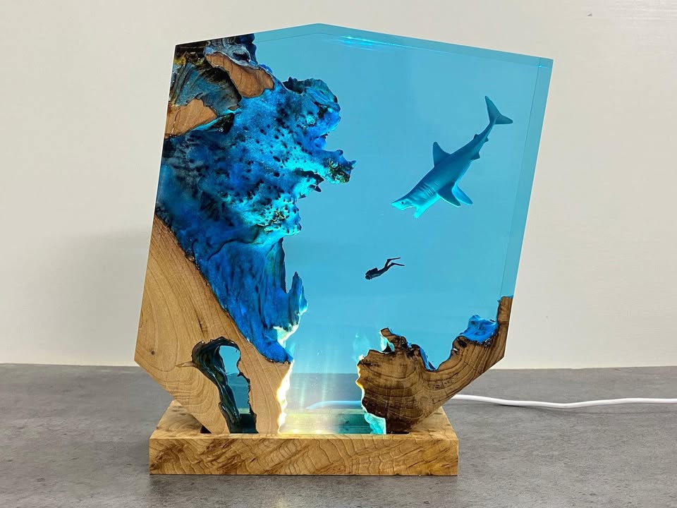 Sharks, divers, wood sculptures, epoxy resin lamp ( Best Gift 🎁 )